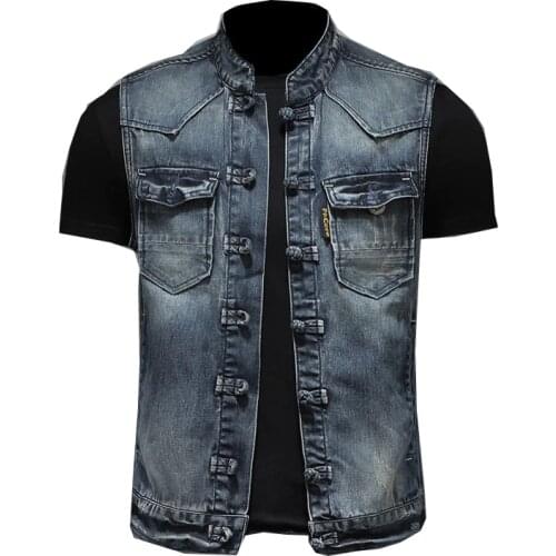 Spring high collar retro vintage single breasted sleeveless blue slim denim vest mens vest denim jacket men