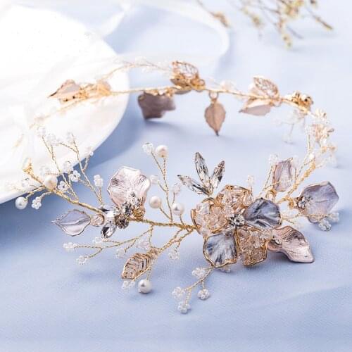 SLBRIDAL Pearls Flower Clear Rhinestones Gold Leaf Wedding Hair Vine Headband Bridal Headpiece Hair Accessories Women Jewelry