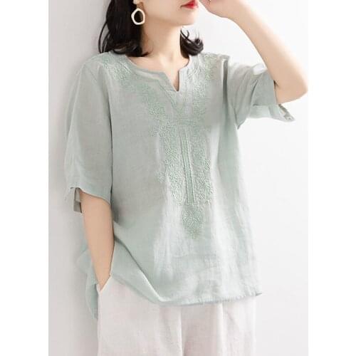 2021 Summer New Style Literary Retro Loose Large Size Womens Solid Color Embroidery V-neck Short-sleeved Martial Arts Shirt