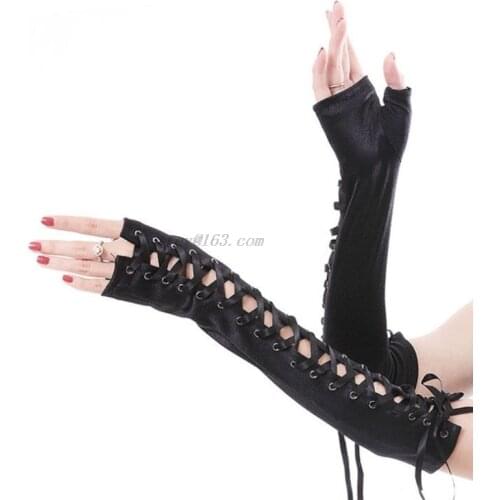 Women Sexy Elbow Length Fingerless Long Gloves String Ribbon Lace Up Dance Gothic Style Cosplay Mittens Arm Warmer