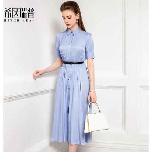 High End Temperament Tencel Denim Dress Womens 2021 New Summer Dress Polo Collar Big Swing Umbrella Skirt