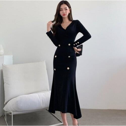 Women Autumn Korean Chic Retro Elegant V Neck Long Sleeve Double-breasted Decorate Office Mermaid Elasticity Long Dress