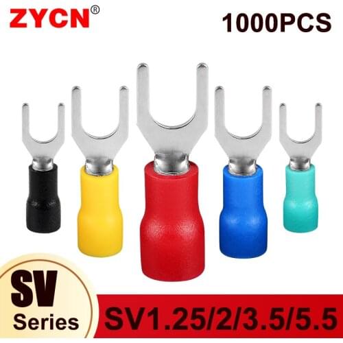 1000pcs SV Crimp Terminal Spade Fork Connector Wire Copper Electrical Insulated Cord Pin End SV1.25/2/3.5/5.5