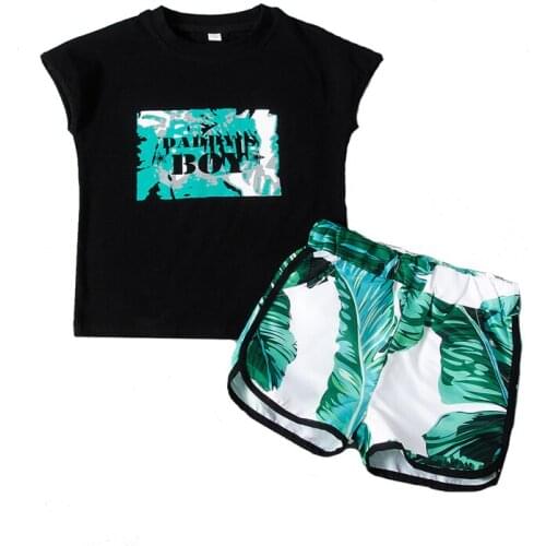 Casual Style Little Boys Outfit Summer Toddlers Round Collar Sleeveless Letter Top + Banana Leaf Printing Shorts 2Pcs Sets