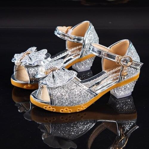2021 Summer Childrens Shoes Casual Glitter Bowknot Kids High Heel Girls Shoes Fashion Princess Dance Party Performance Sandals