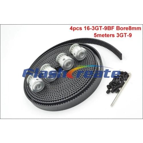 4pcs 16 Teeth 3GT Pulley Bore 5/6.35/8mm + 5meters 3GT Rubber Timing Belt Width 9mm GT3 timing belt pulley 3D Printer Parts
