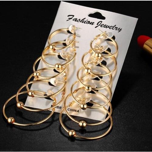 6 Pairs/Set Fashion Big Round Circle Hoop Earrings Ball Pendant Women Jewelry