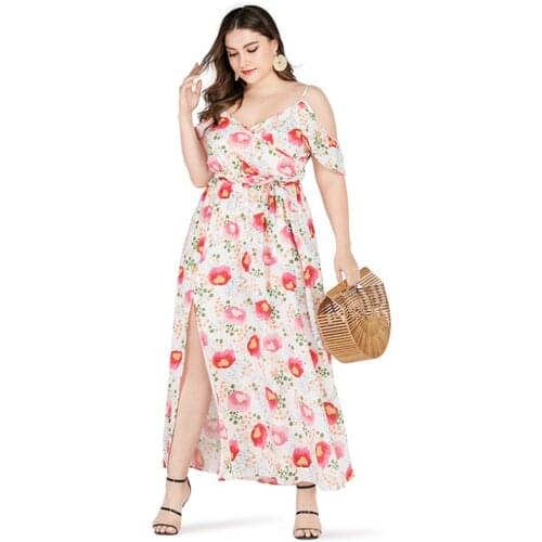 Plus Size Womens Summer Strap Dress Fashion Sexy Off Shoulder Medium Long Print Dresses Female clothes Europe and America