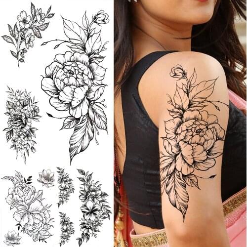 Large Peony Flower Temporary Tattoos For Women Girls Fake Lily Lotus Dahlia Rose Tattoo Sticker Black Blossom 3D Tatoos Supplies