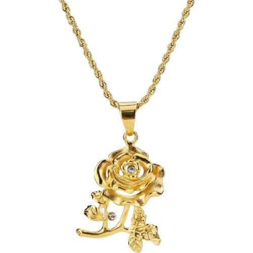 Good Quality Golden Rose Metal Flowers Pendant Necklace Charm Stainless Steel Golden Chain Metal Necklace Women Men Gift