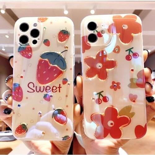 Glitter Crystal Powder Strawberry Phone Case for iPhone 11 12 Pro Max XS Max X XR 7 8 Plus Cute Cherry Floret Soft Back Cover