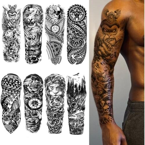 DIY Black Totem Full Arm Waterproof Temporary Tattoo Sticker For Men Women Forest Lion Flash Fake Tattoos Body Art Makeup Tools