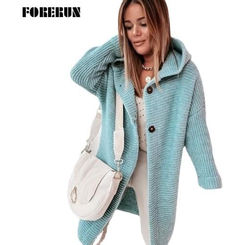 FORERUN Knitted Long Cardigan Women Winter Hooded Single-breasted Buttoned Long Sleeve Elegant Oversized Warm Sweater Outwear