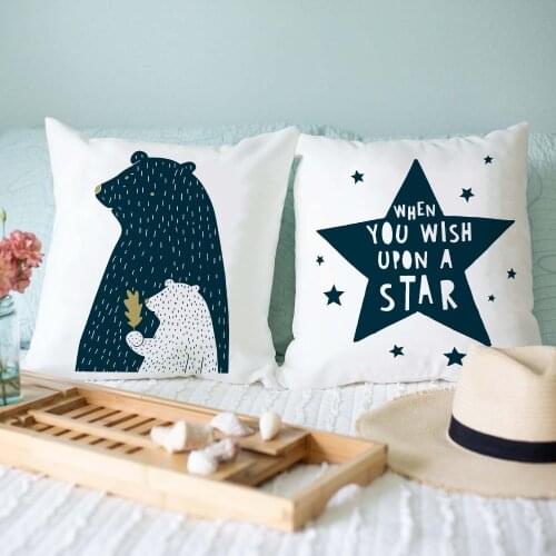Geometric Cushion Cover Starry Sky Cactus Bear Print Pillowcase White Polyester Pillow Cover Sofa Sweet Home Decoration Cojines