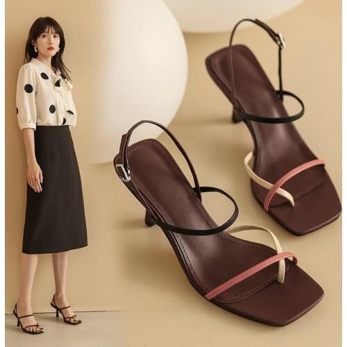 Summer Women Sandals Sexy Thin High Heels V Shape Design Fashion Square Toe Ladies Ankle Strap Thong Sandals Genuine Leather