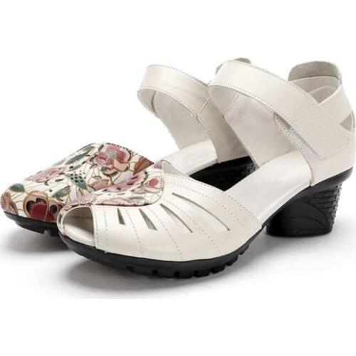 Hot 2020 New Summer Comfort Genuine Leather Sandals Classic Fish Mouth Printing Women Sandals Fashion Non-slip High Heel Sandals