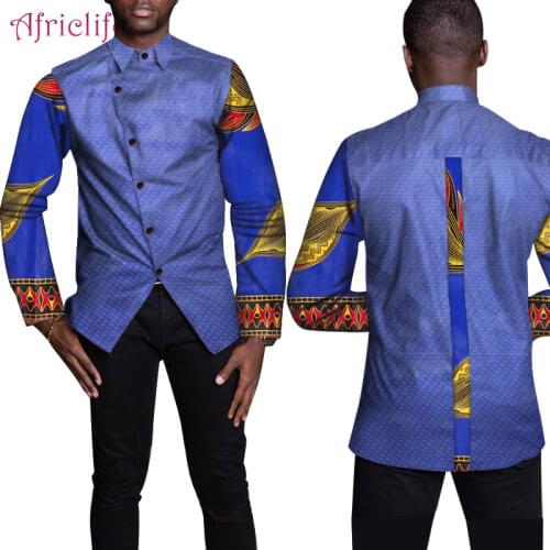 Patchwork African Dashiki Print Shirt Handsome Men Turn-down Collar Streetwear Blouse Spring Fall Ankara Dresses WYN1394