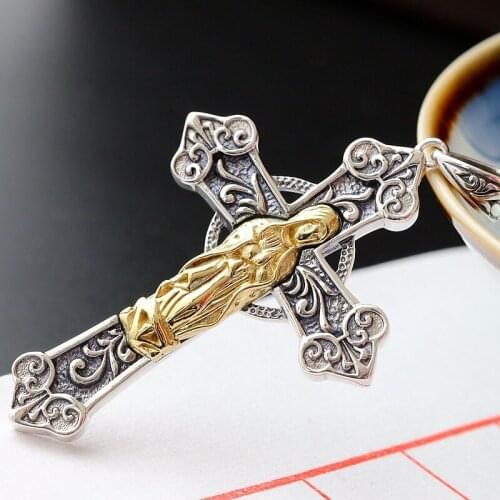 Retro Silver Wholesale Hand-studded Purple Thai Silver Pendant Mens Cross S925 Sterling Silver Pendant Fashion Women