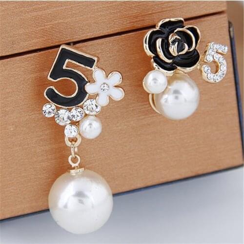 Crystal Camellia Earrings Luxury Fashion Pearl Number 5 Earring for Women Jewelry 2021 Flower Earring Accessories