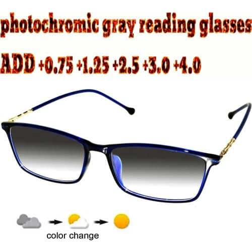 Photochromic Gray Reading Glasses Rectangular Ultralight Trend High Quality Fashion Men Women+1+1.5 +1.75 +2.0 +2.5 +3 +3.5 +4
