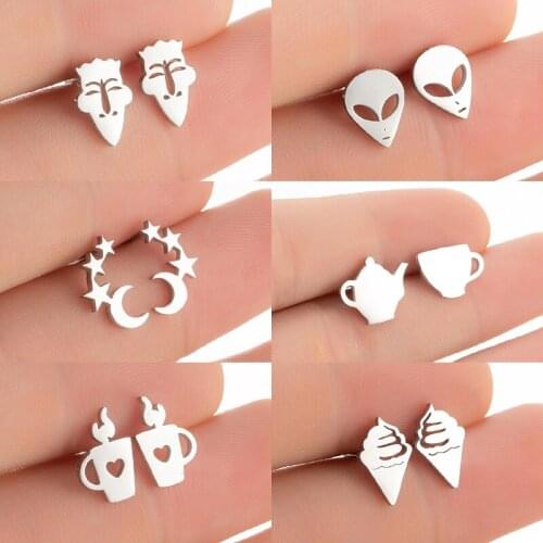 Punk Stainless Steel Human Face Earrings Design Ear Jewelry Black Hip hop Candle Tea Pot Ice Cream Alien Earrings Multiple 2021