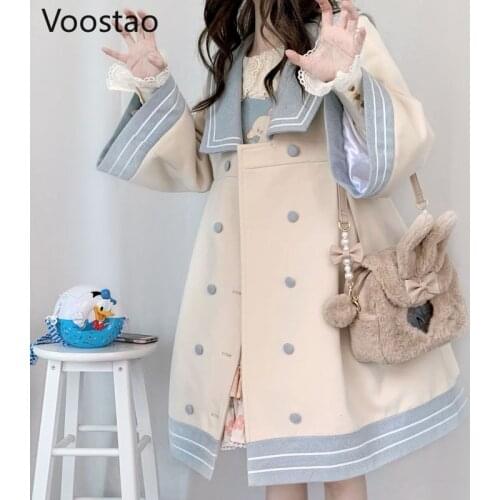 Spring Japanese Sweet Lolita Style Woolen Coats Autumn Women Cute Sailor Collar Loose Jackets Winter Girly Kawaii Trend Outwear
