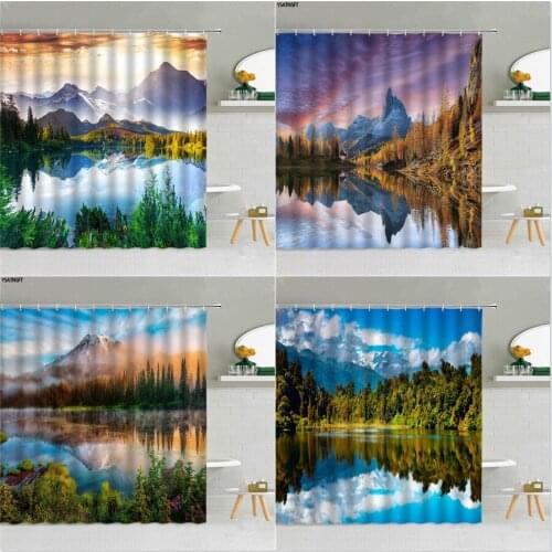 Natural Landscape Mountain Shower Curtain Lake Tree Forest Waterfall Wooden Bridge Fabric Bathroom Decor Supplies Cloth Curtains