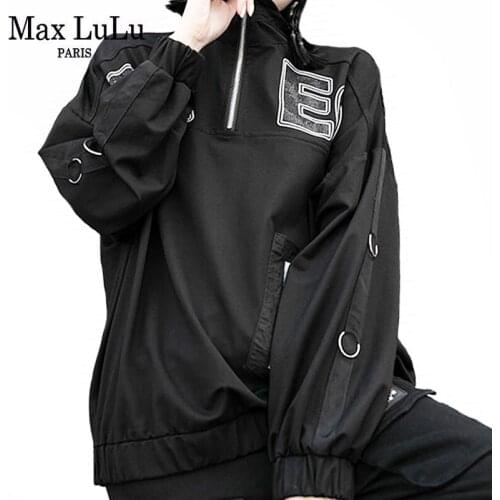 Max LuLu 2021 European Fashion Streetwear Women Sequin Letter Printed T-shirt Ladies Zipper Black Long Sleeve Tee Girl Punk Tops