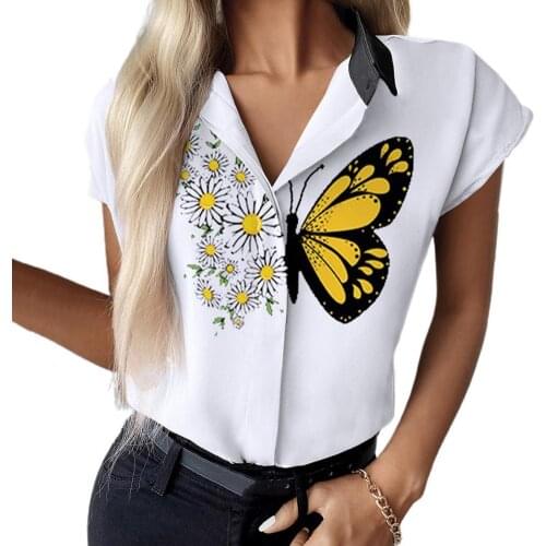 Ladies Lapel Collar Shirt Retro Floral Printed Women Blouse V-Neck Elegant Color Matching Short Sleeve Summer Shirt Cardigan Top