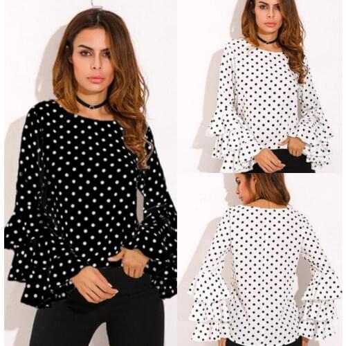Womens Dot Printing Chiffon Blouse Fashion Lady Long Sleeve Female Casual Shirt Sweet Bell Sleeve Women Blouses Plus Size Women