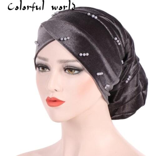 Women Elastic Turban Muslim Hijab Islamic India caps Beads Chemo Caps Scarf Headwraps knotted Suede Pearl Toque headscarf abaya