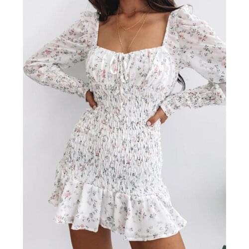 Women Dress Floral Print Backless Ruffle Hem Long Sleeve Sexy Party Dress for Dating