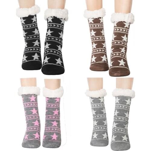 FRALOSHA Winter Home Socks Five-pointed Star Socks Plush Lining Thick Non-slip Casual Knit Indoor Socks Chausette Haute Femme