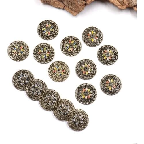 12pcs 25mm Round Flower Connectors Enamel Antique Bronze Pendant Jewelry accessory