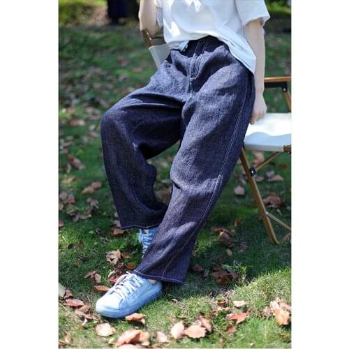 2021 dark blue tannin twill linen semi elastic waist loose straight casual jeans for women 0716-1