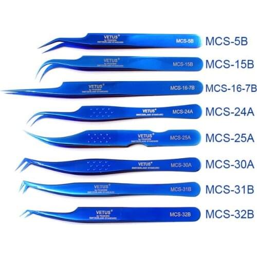 50pcs VETUS Original MCS New Style Colorful Eyelash Tweezers Super Fine Closure Tip Tweezers