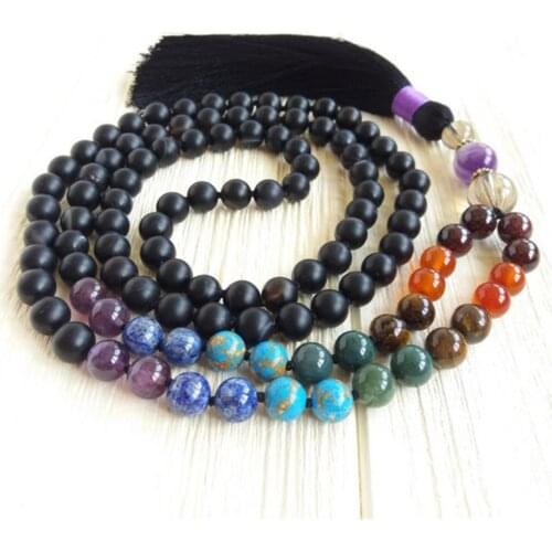 8mm Agate 7 Chakras 108 Beads Handmade Tassel Necklace Meditation Mala Spiritua Tibetan Spirituality Religious Prayer Yoga