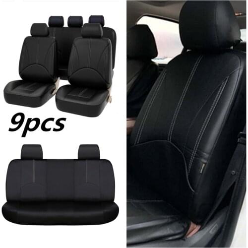 9pcs/set Full Set Front Rear PU Leather Car Seat Cover Cushion Mat Protector Black