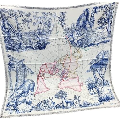 Brand New Twill Silk Scarf Unisex Man Women Sqaure Kerchief Luxury Fashion Map Print Shawl Stole Hand Rolled Hijab Short Tassel