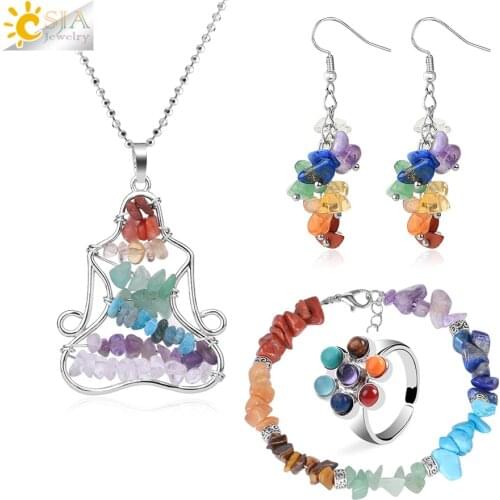 CSJA Natural Stone Jewelry Sets for Women Girl 7 Chakras Chip Bead Healing Bracelets Ring Necklace Earrings Reiki Jewellery G693