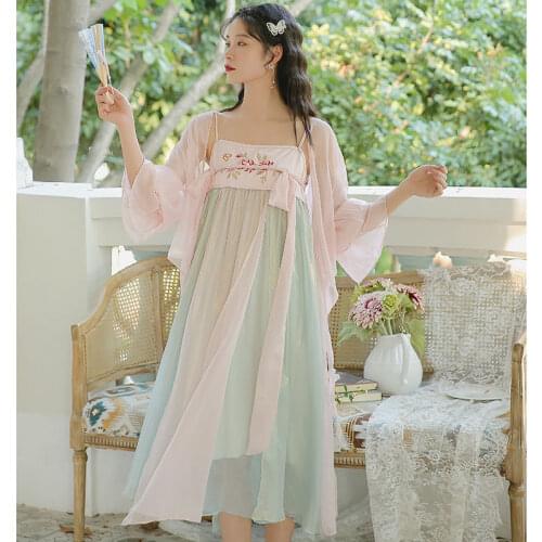 SWEETXUE 2 Piece Sets Hanfu Fairy Chinese Style Dress Fairy Loose Casual Embroidered Spaghetti Striped Dress + Shawl Chic Women