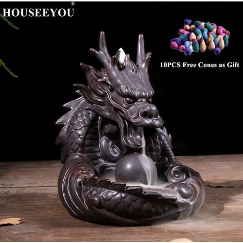 HOUSEEYOU Ceramic Backflow Incense Burner Creative Home Decor Dragon Incense Holder Censer with Ceramic Ball +10Pcs Incense Cone
