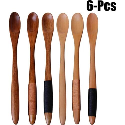 6Pcs/Set Natural Wooden Spoon Simple Portable Long Handle Spoon Mixing Spoon Serving Spoon Tableware Accessories