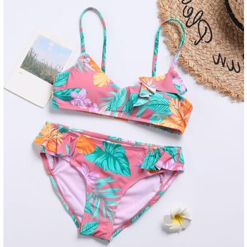 7-14 Years Girl Swimsuit Kids Tropical Floral Girl Bikini Set Padded Two Piece Childrens Swimwear Ruffle Girl Bathing Suit 2021