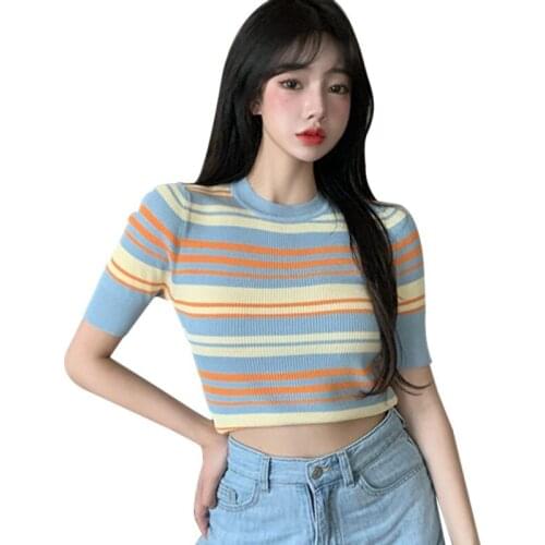 Striped Knitted Tops Summer Women Short Sleeve Slim Sexy O Neck Tank Street Fashion Basic Casual Crop Top One Size
