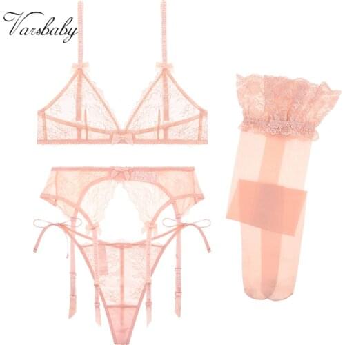 Varsbaby sexy comfortable transparent deep V underwear wire free ring set for bra + garter belt + thong + stockings 4 pieces/lot