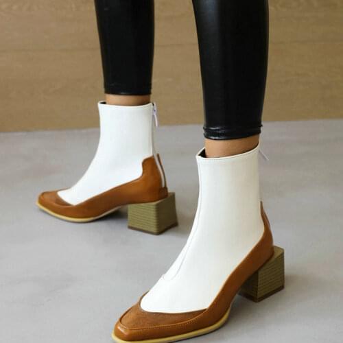 Ladies Spring Autumn Splicing Short Boots Fashion Square-Head Zipper Comfortable Thick Heel Womens Shoes Winter Tooling Boots
