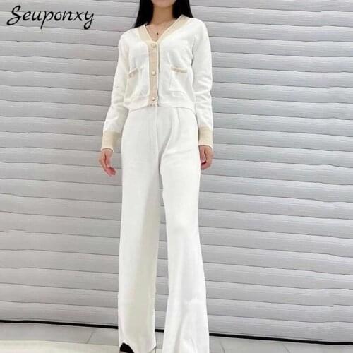 High Quality 2021 WomenS Loose Knit 2 Two-Piece Set Sexy Long-Sleeved Single-Breasted Short Jacket + Wide-Leg Pants Casual Set