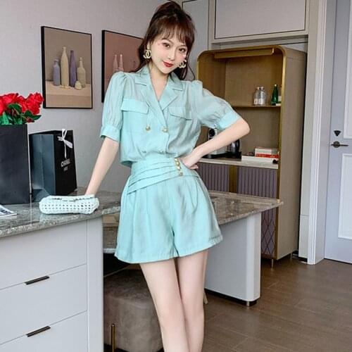 Fashion Women Korean Vintage Short Sleeve Button Pocket Top Shirt Blouse Casual Folds Patchwork High Waist Shorts 2 Pieces Set