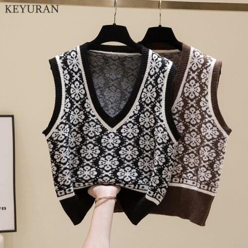 2021 New Vintage Flower Jacquard Knitted Vest Sweater Women V Neck Sleeveless Sweater Coat Female Waistcoat Chic Tops